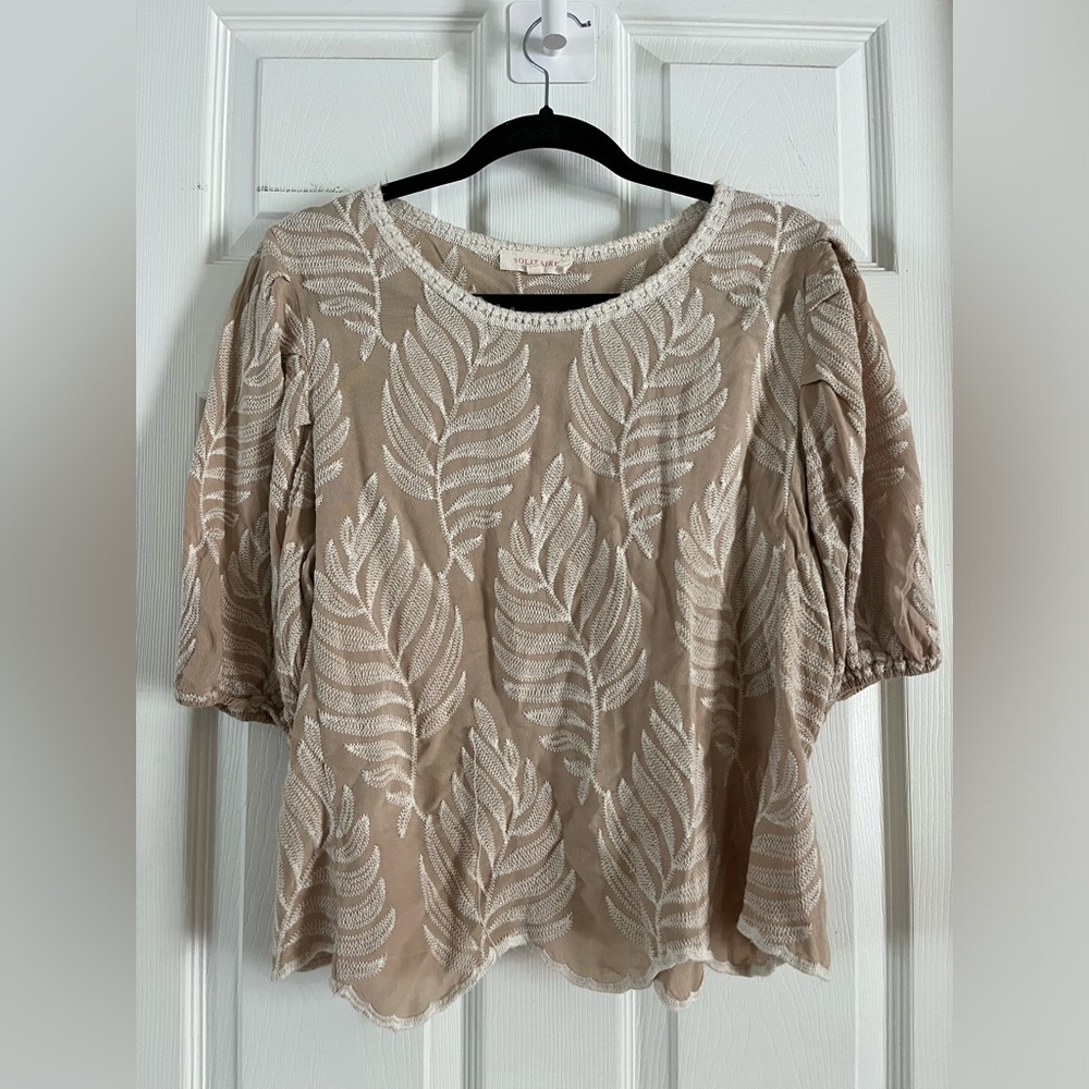 Solitaire Beige Embroidered Leaf Short-Sleeve Blouse